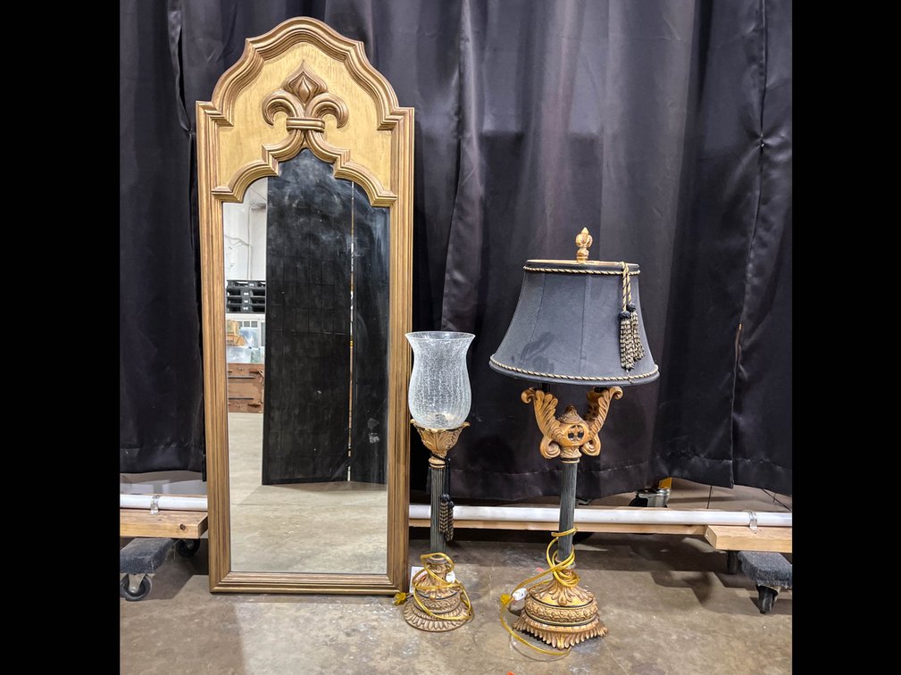 2 Gold/Black lamps 26.5” & 36” Gold Heavy Mirror 53”x19”