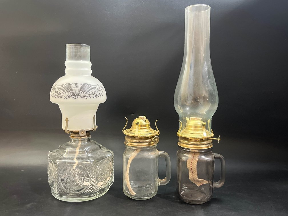 vintage Lamplight Farms oil lamp, and mason jar oil lamps