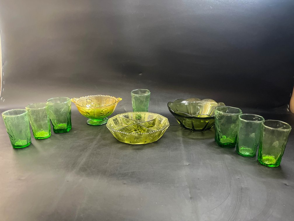Vintage zodiac serving dish, jeannette glass bowl, green glass drinking glasses 
