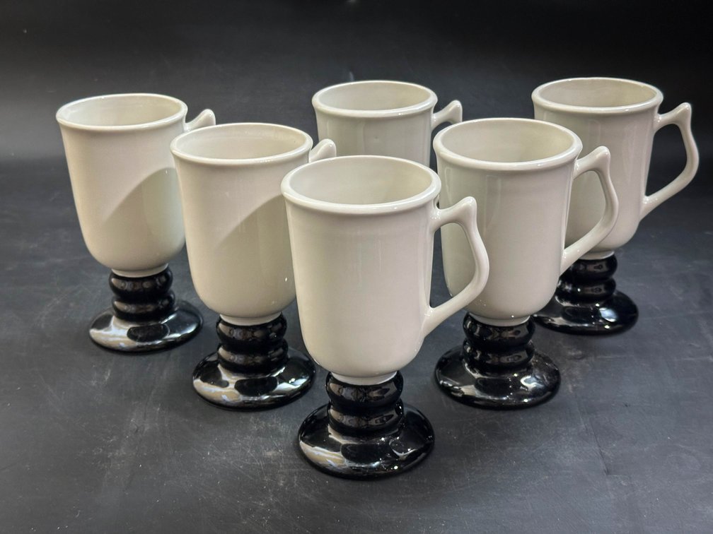 The Hall China Co. 1272 White & Black Irish Coffee Pedestal Mugs