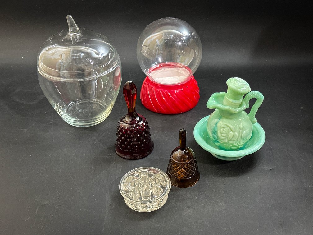 Glass Apple PRINCESS HOUSE Jar, Glass Frog, Red Fenton Glass Bell 