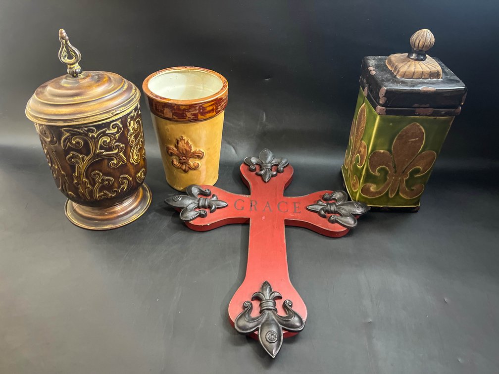 Cross, canisters, and vase 