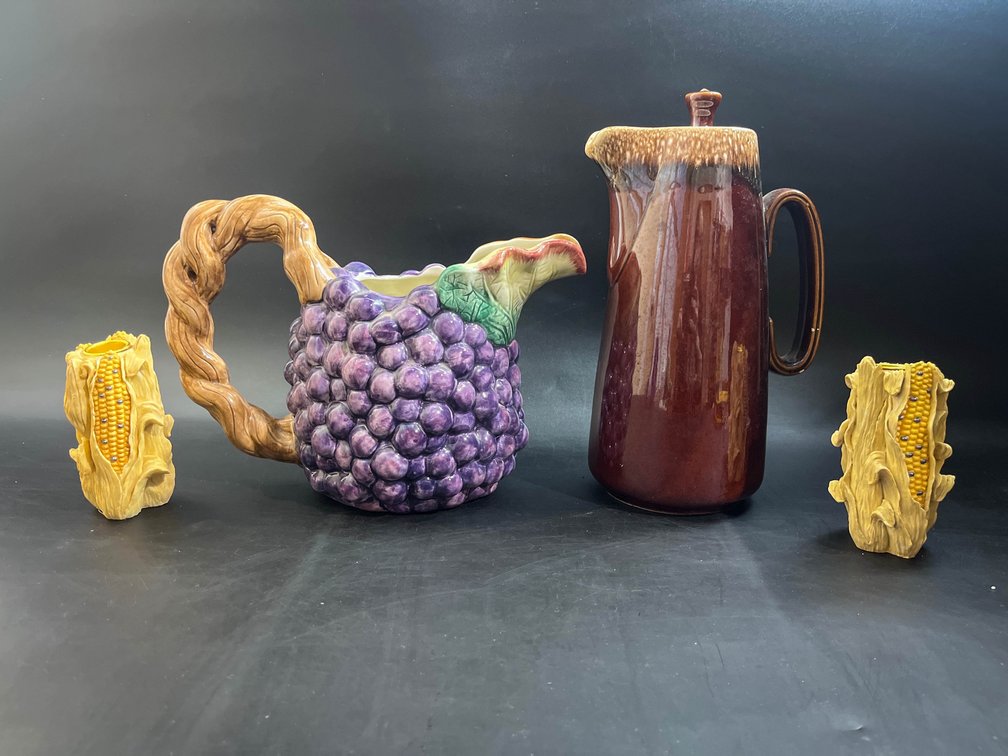 vintage Hull Pottery Brown Drip Coffee Pot , vintage Fitz and Floyd Grape Bunch 