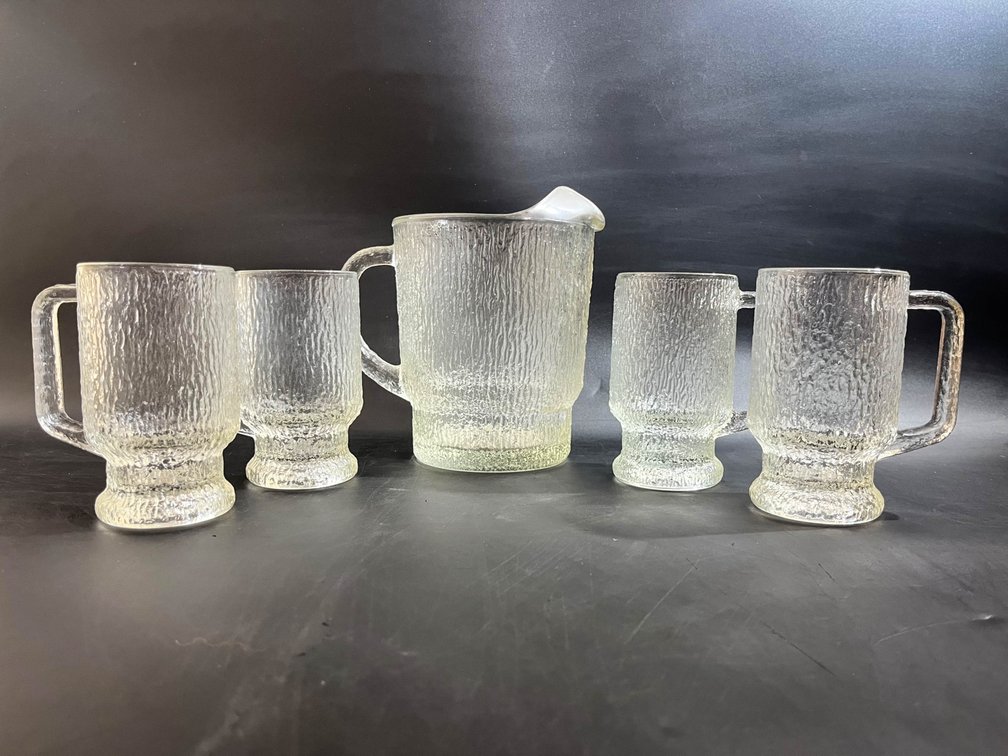 Indiana Glass Ice Bark footed mugs and pitcher 