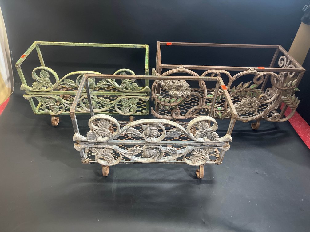 Three outdoor metal planters 19”x8” and 17”x8”