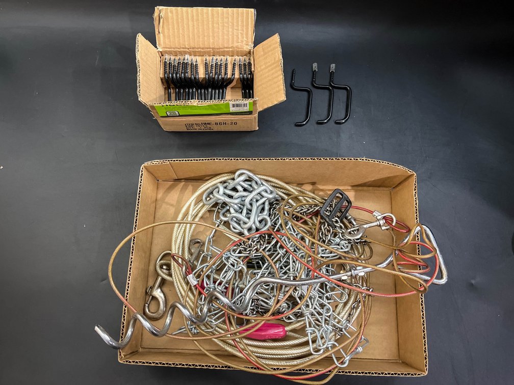 Dog tieouts and chains, and hooks