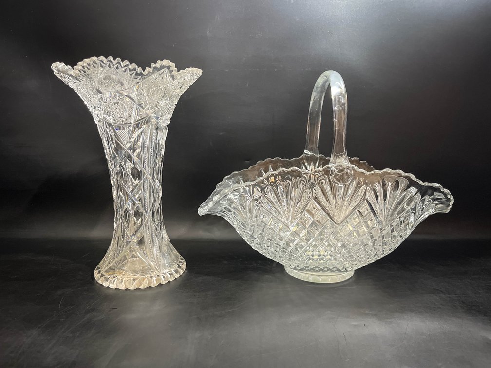 Smith Glass Pineapple handled basket, and Cambridge Clear Near Cut Glass Vase 