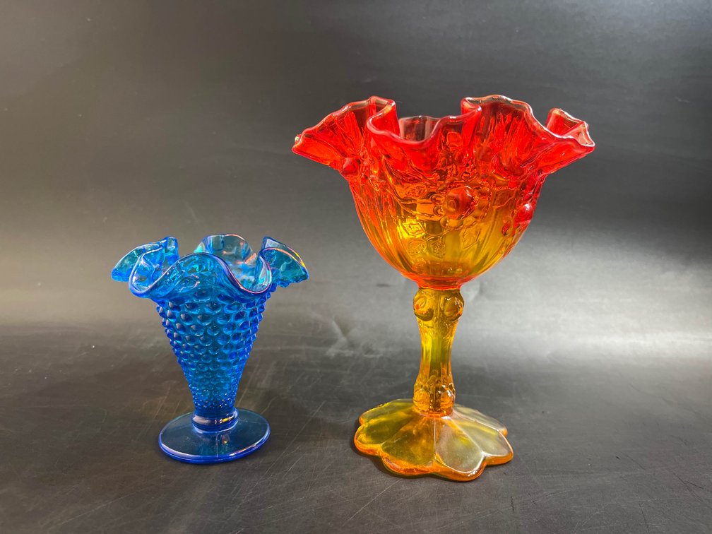 vintage Fenton blue ruffled hobnail glass pedestal vase, vintage Fenton Cabbage Rose