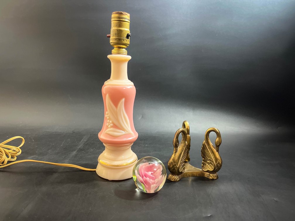 Aladdin Alacite Lily of the Valley Table Lamp, vintage brass swan stand, and paperweight