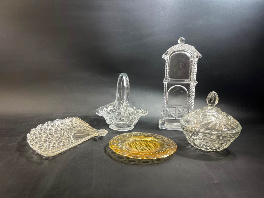 Indiana glass basket, Anchor Hocking candy dish, glass fan dish, etc