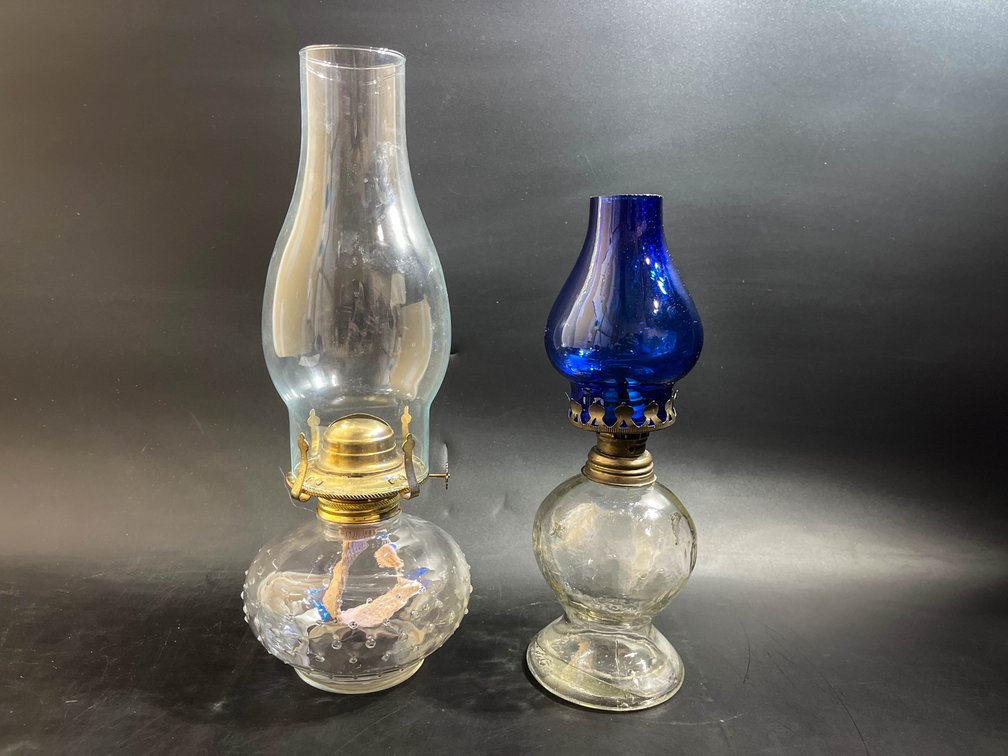 Two glass oil lamps 13” and 11”