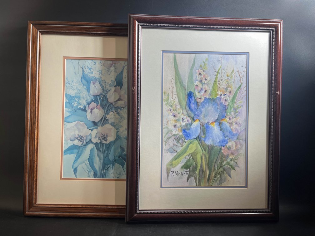 Framed P.Menke flower paintings 18”x22” 17”x23”