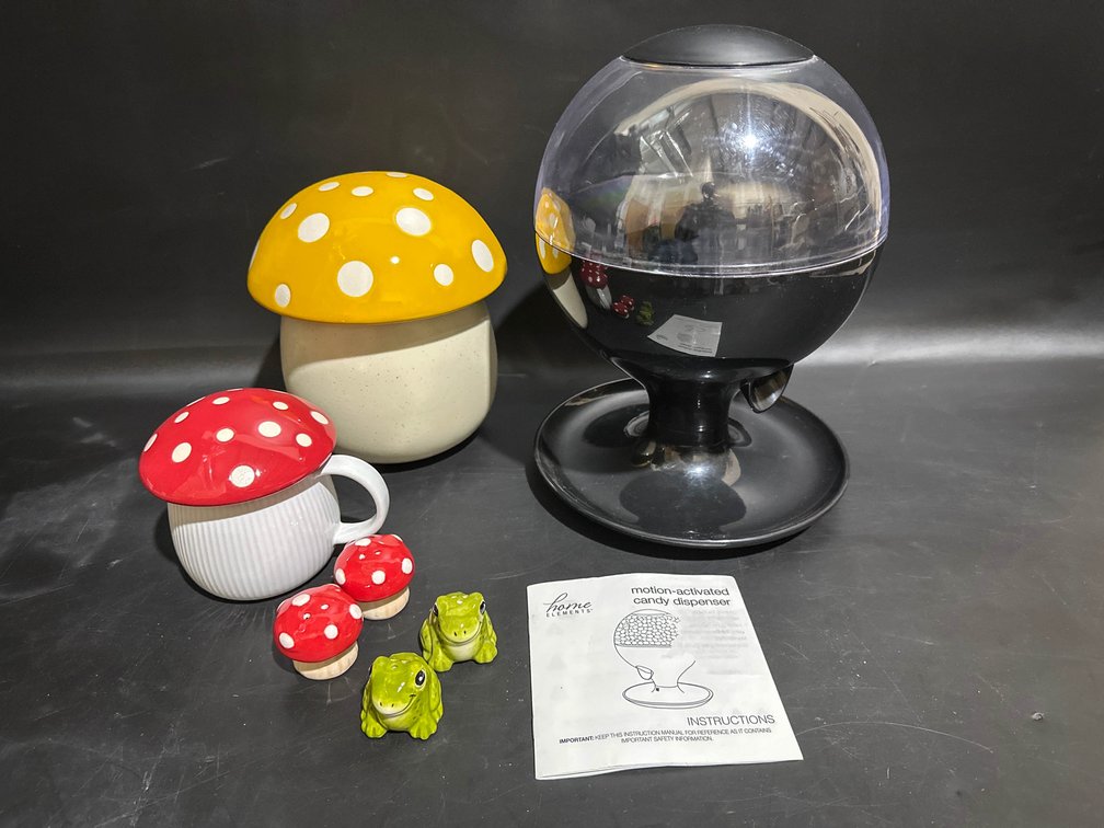 Candy Dispenser, Mushroom Cookie Jar, Cup, Salt & Pepper Shaker 