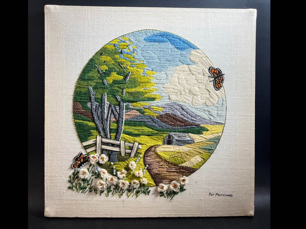 Embroidered canvas 18”x18” Pat Pritchard