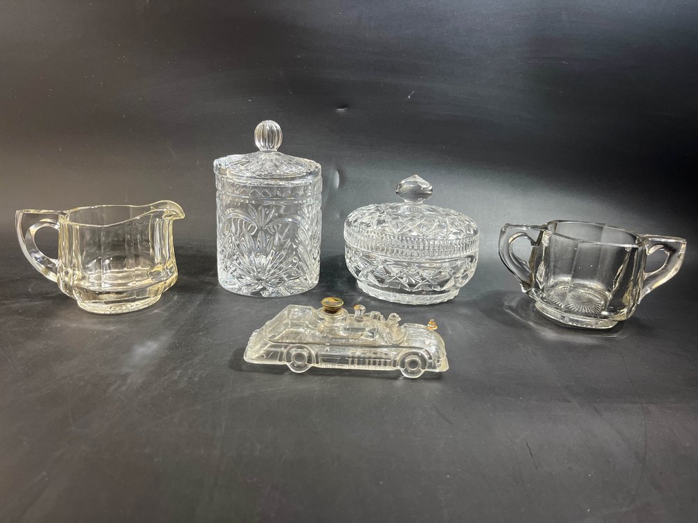 Crystal jar, crystal candy dish, glass creamer and sugar bowl, and vintage glass candy container car
