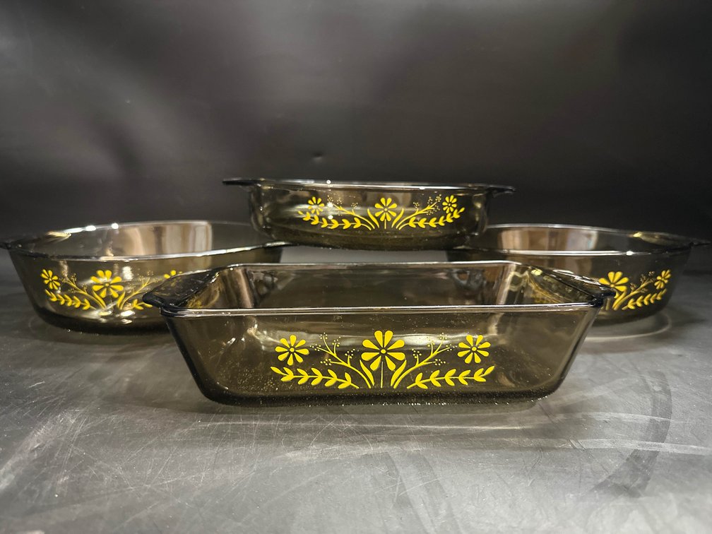 Glasbake Yellow Daisy Pattern on Brown Glass Loaf, Casserole and etc. Dishes