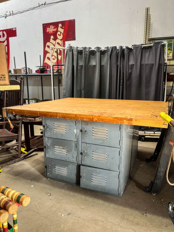 12 locker wooden top shop table 54.5”x72”x33.5”