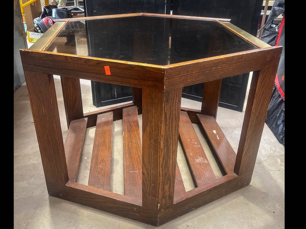 Hexagonal wooden coffee table with glass top 28”x28”x20”
