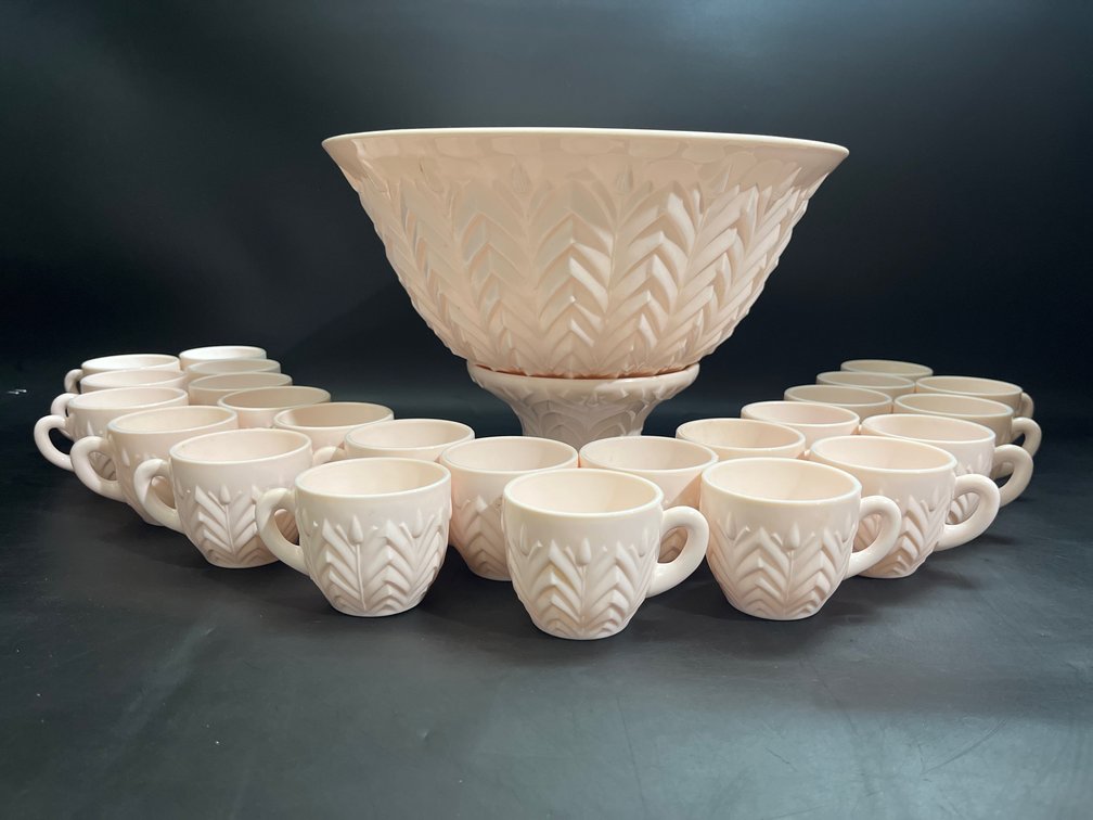 Jeannette Shell Pink Milk Glass Punch Bowl Set