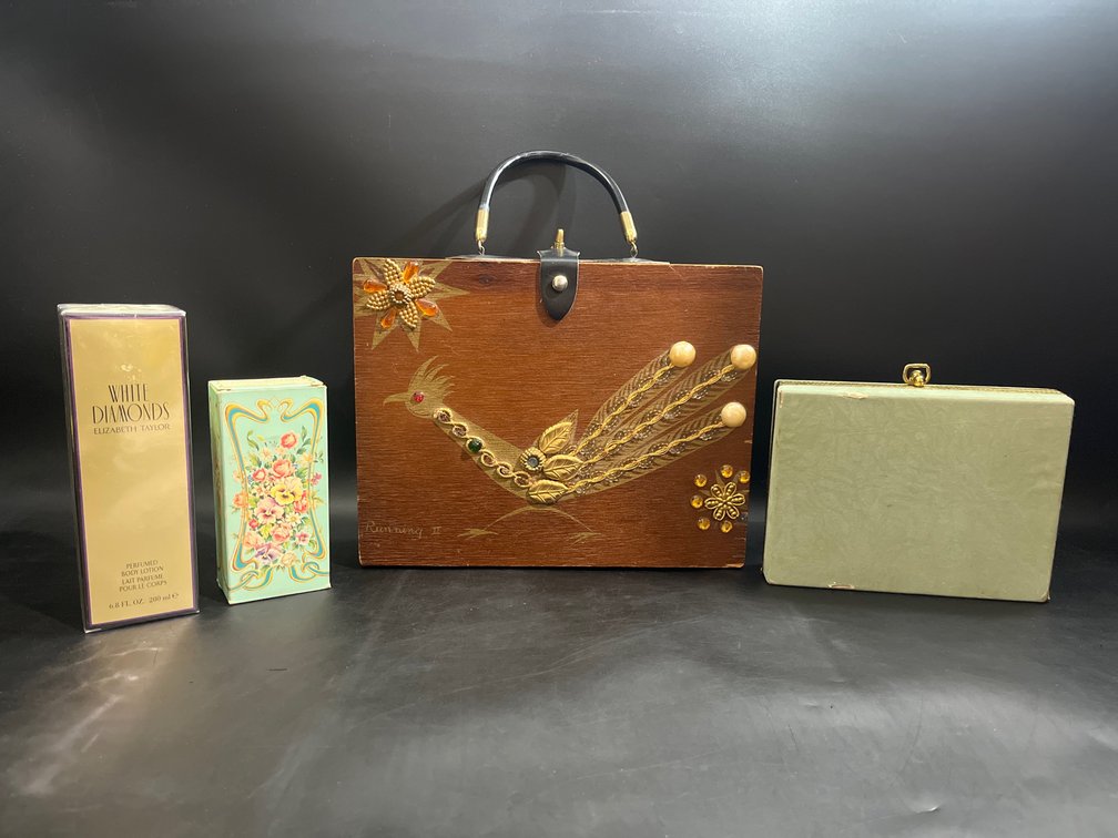 1960’s wooden purse, Mirrored vanity box, White Diamonds Elizabeth Taylor Perfumed 
