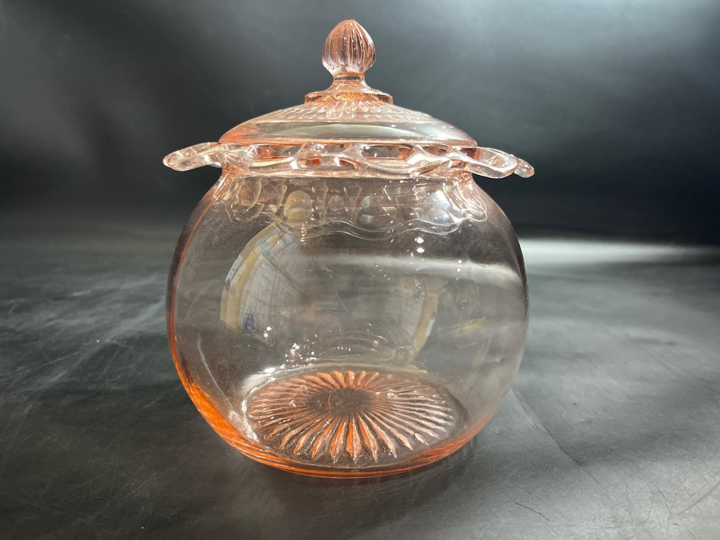 Pink depression glass cookie jar 7”