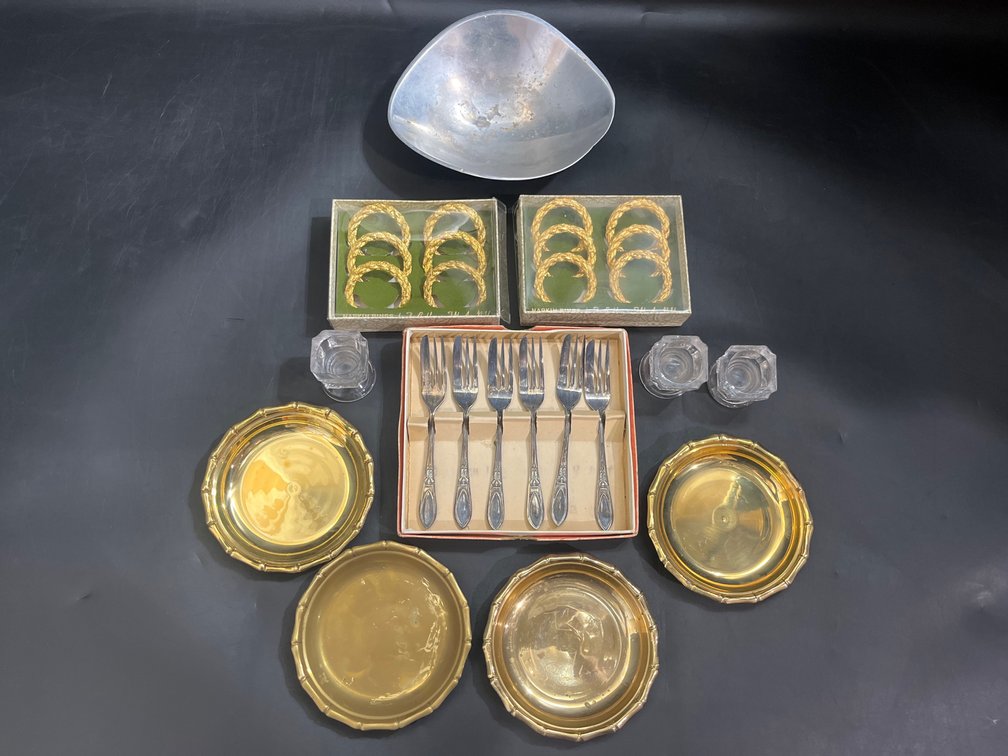 Nambé 579 bowl, Bucklers Napkin rings, Fritz Brass dishes, candle holders, and pastry forks
