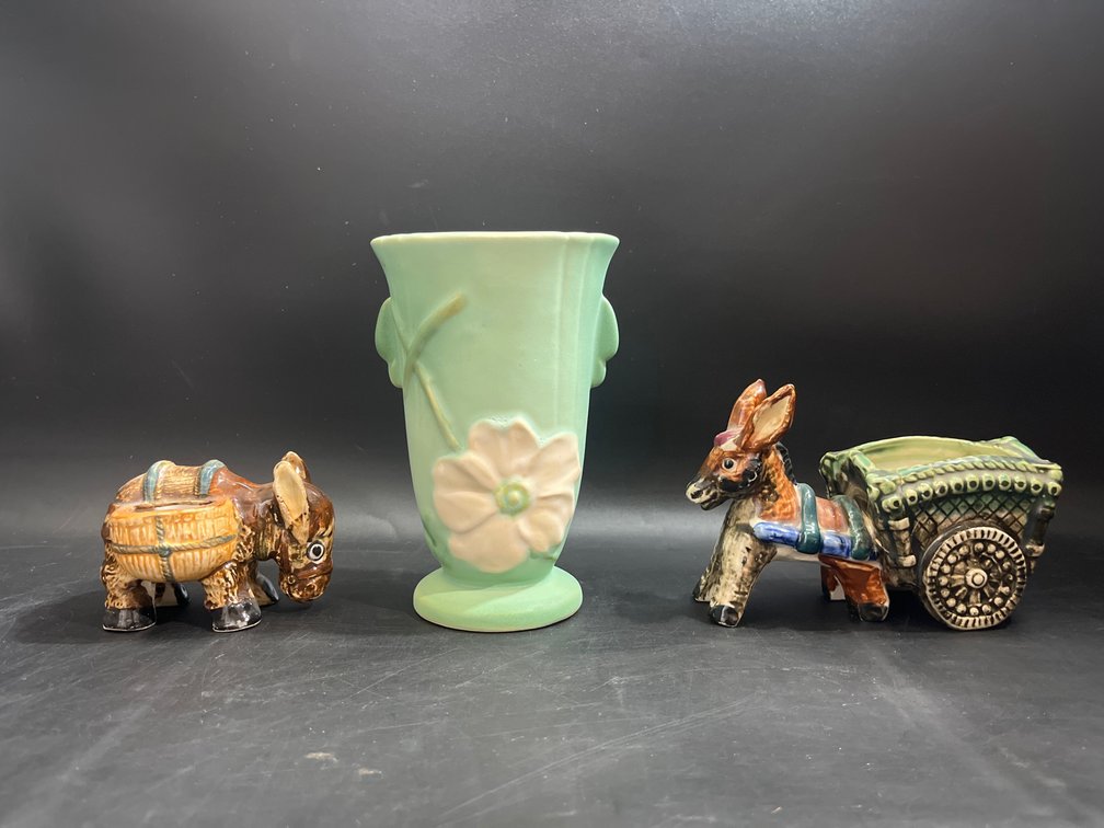 vintage Weller Pottery Dogwood vase, vintage ceramic donkey toothpick holder, vintage