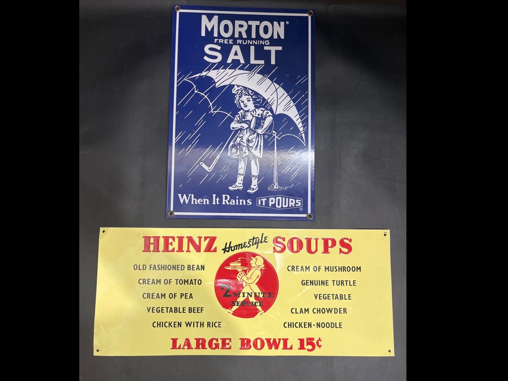 Vintage metal advertisement signs, Morton Salt 8”x12”, Heinz Soups 15.5”x6.5” 