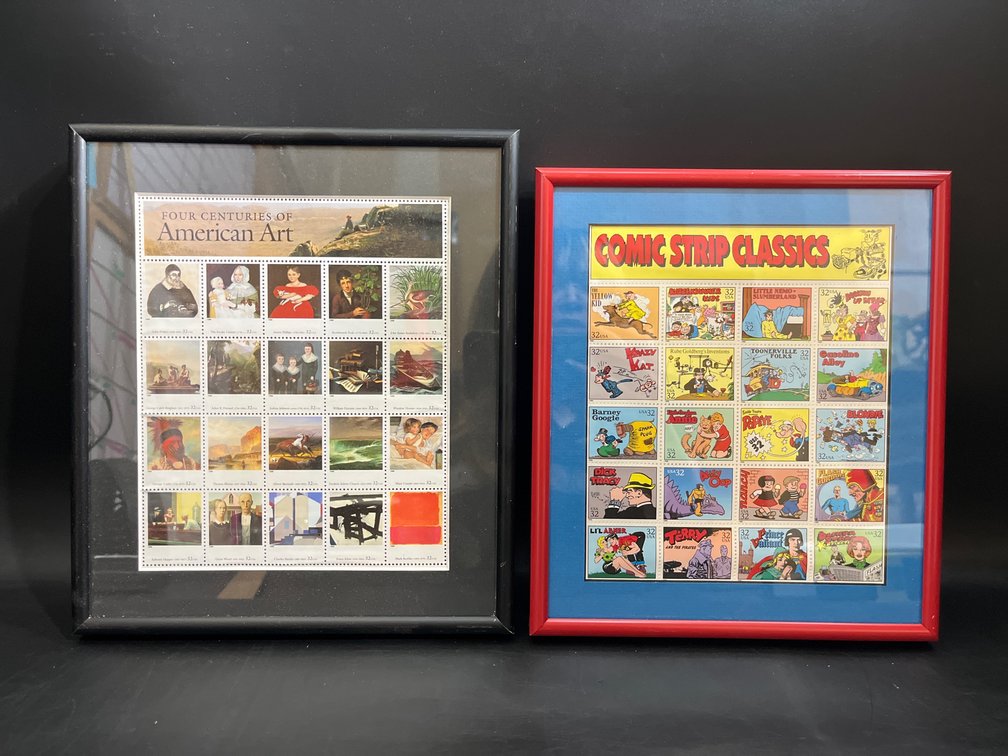 Framed stamp series, Comic Strip Classics 8.5inx10in and Four Centuries of American Art 9inx10.5in