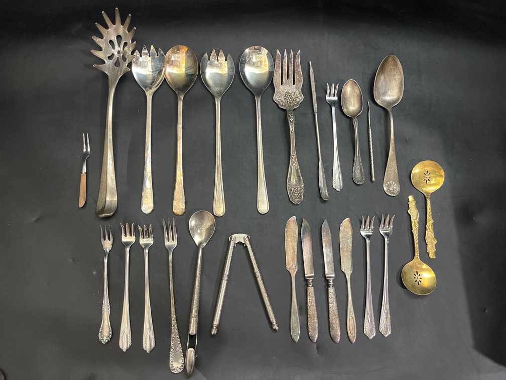 Stainless steel cutlery and two Mr.Peanut spoons 