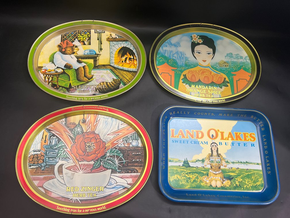Vintage Metal Trays 14”, SleepyTime Tea, Mandarin Orange Spice Tea, Red Zinger Tea, 