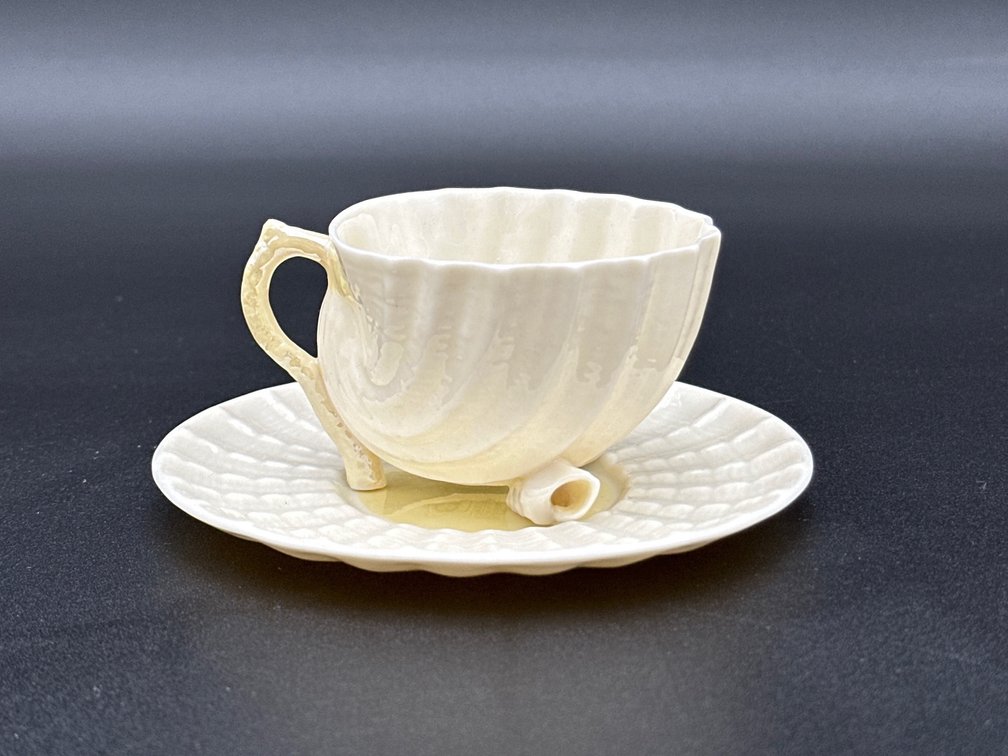 BELLEEK (IRELAND) Porcelain Footed Cup & Saucer Set Neptune Yellow
