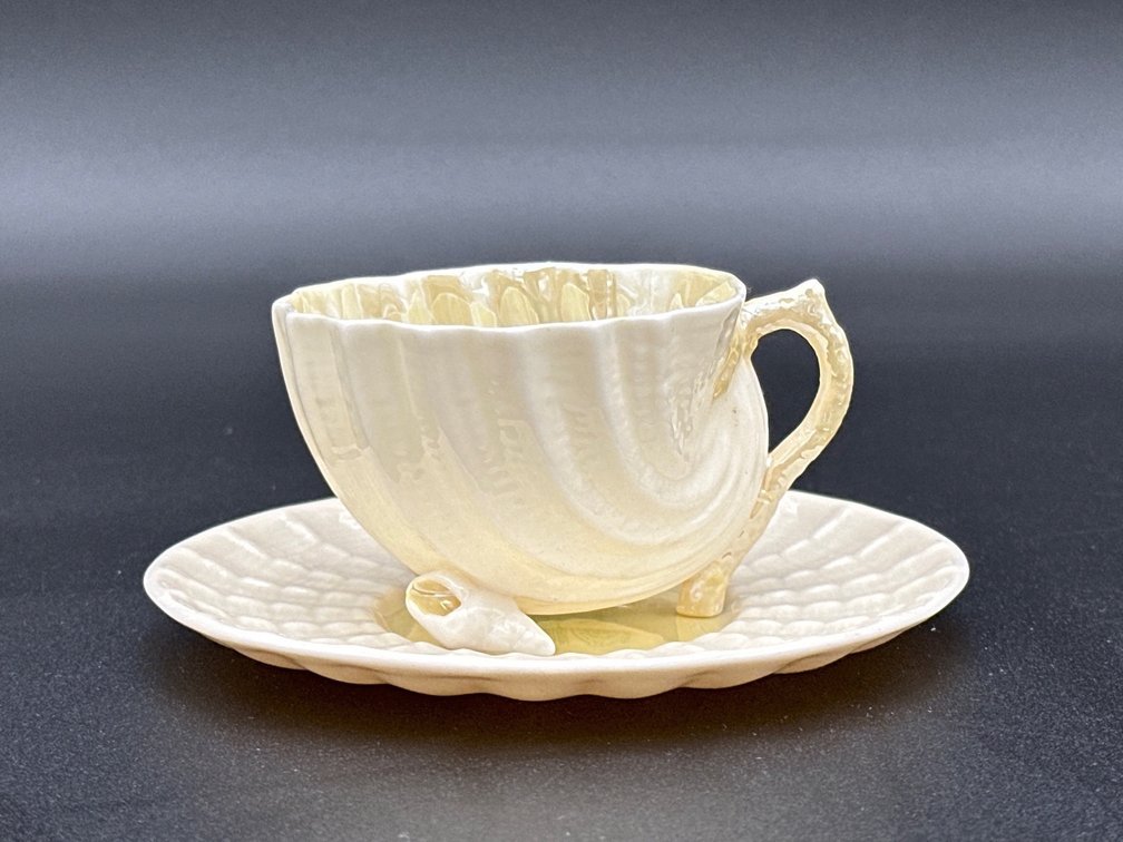 BELLEEK (IRELAND) Porcelain Footed Cup & Saucer Set Neptune Yellow