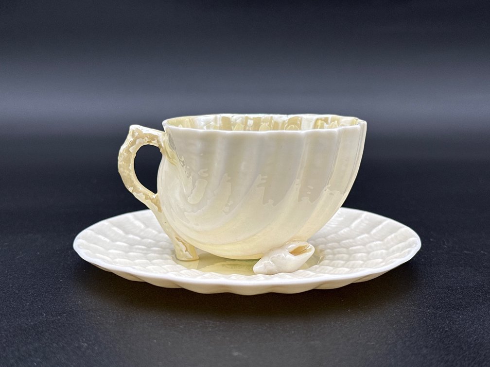 BELLEEK (IRELAND) Porcelain Footed Cup & Saucer Set Neptune Yellow