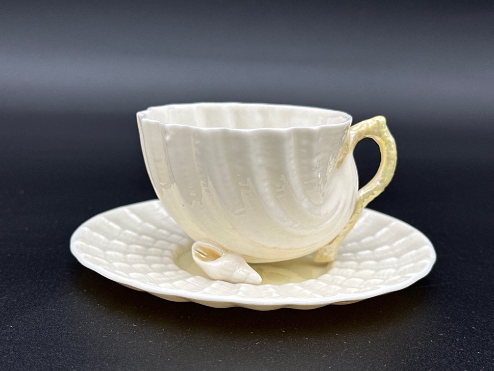 BELLEEK (IRELAND) Porcelain Footed Cup & Saucer Set Neptune Yellow