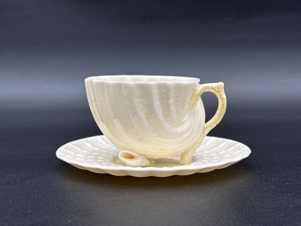 BELLEEK (IRELAND) Porcelain Footed Cup & Saucer Set Neptune Yellow