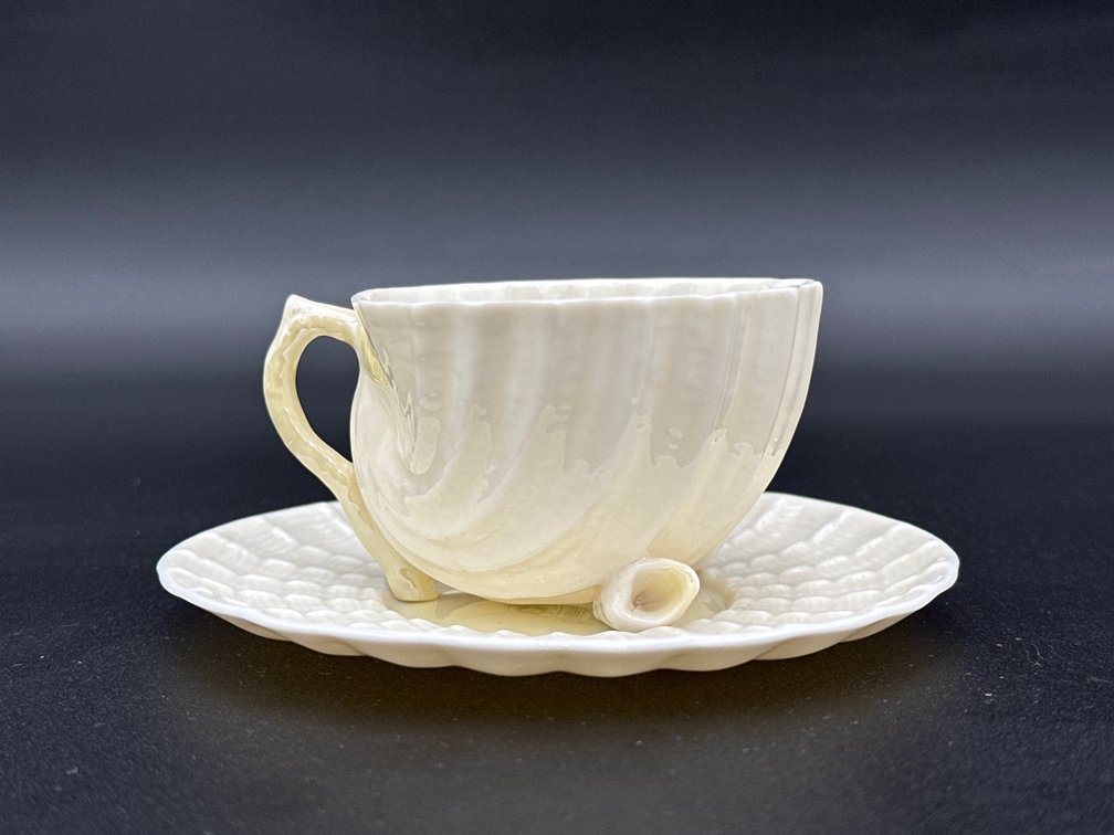 BELLEEK (IRELAND) Porcelain Footed Cup & Saucer Set Neptune Yellow