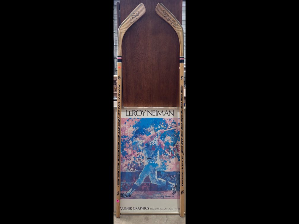 Leroy Neiman Poster, Koho 2100 Right handed and Left Handed Hockey Sticks with Unknown Signatures 