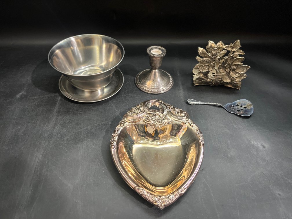 Weighted Sterling Silver candle holder, Leonard stainless steel gravy boat, vintage