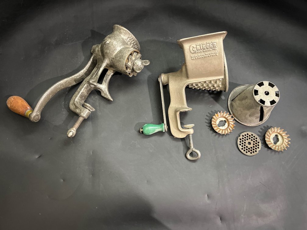 vintage Universal No. 2 hand-crank meat grinder, vintage Griscer food grater and slicer