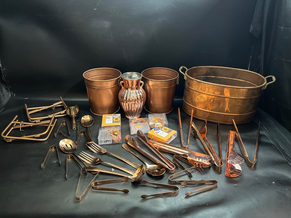 Copper tone decor, utensils, etc 