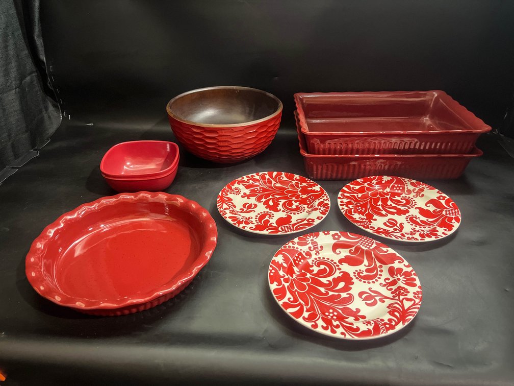 Paula Deen baking dishes, mixing bowl, bowl, and plates 