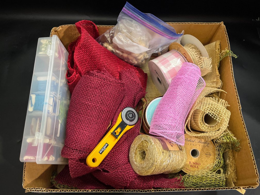 Ribbon, burlap, thread, rotary cutter, etc