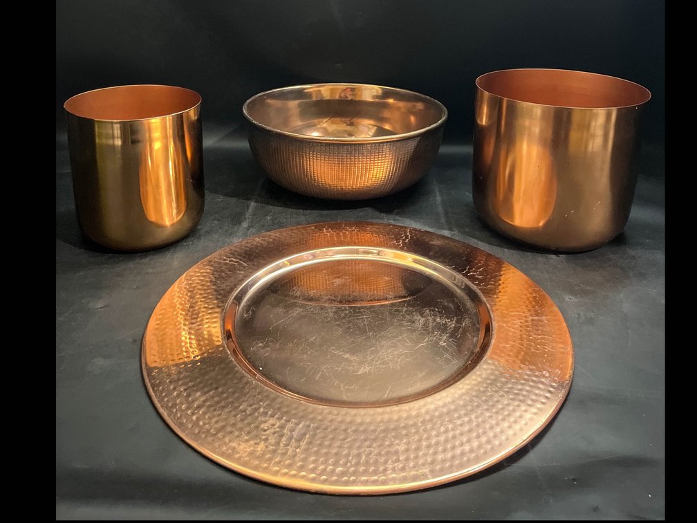 Copper tone bowl, 16” tray, and planters