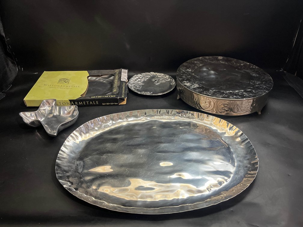 Metal serving platters, cake stand, and trinket dishes 