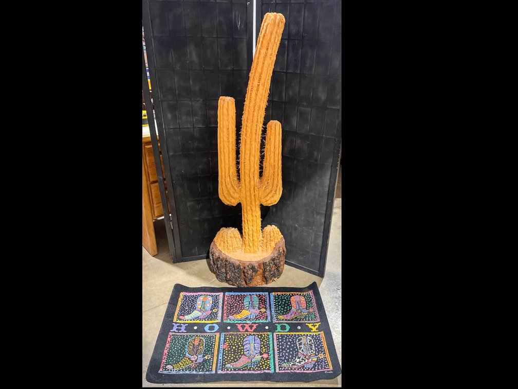 48” Wooden carved Cactus and 30”x20” howdy door mat 