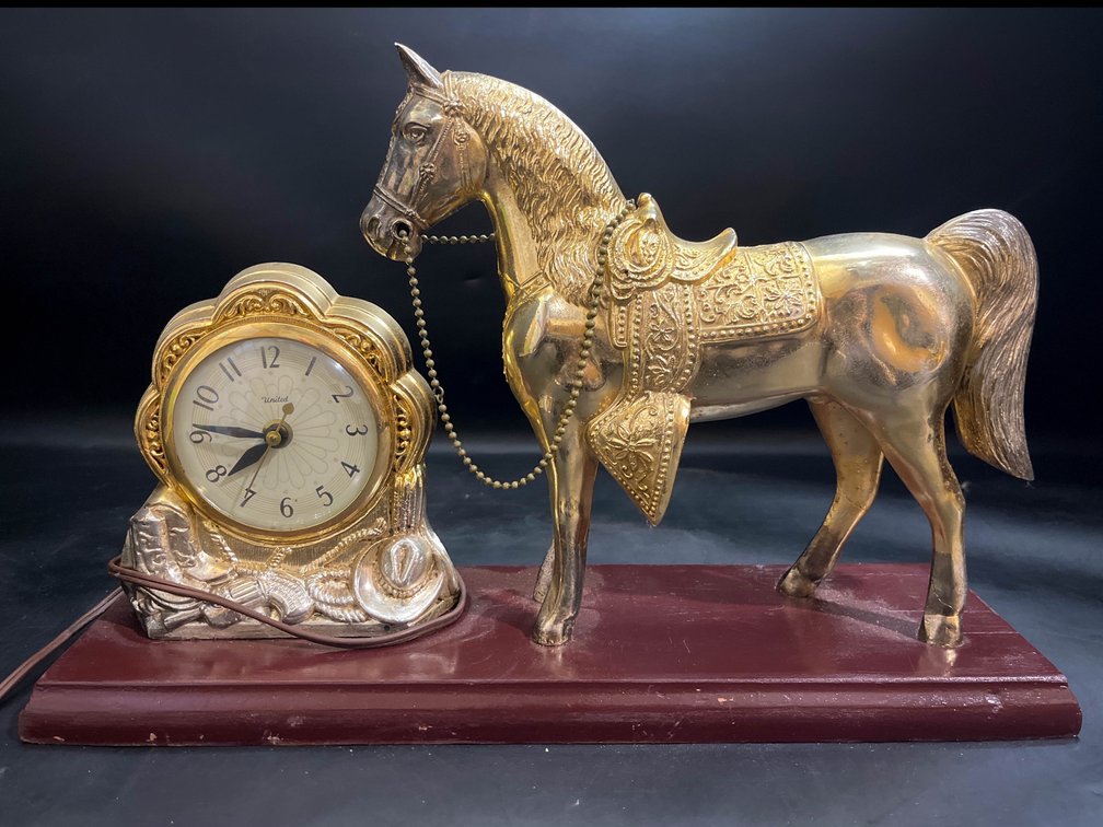 United Self Starting Horse Clock with Decorative Base