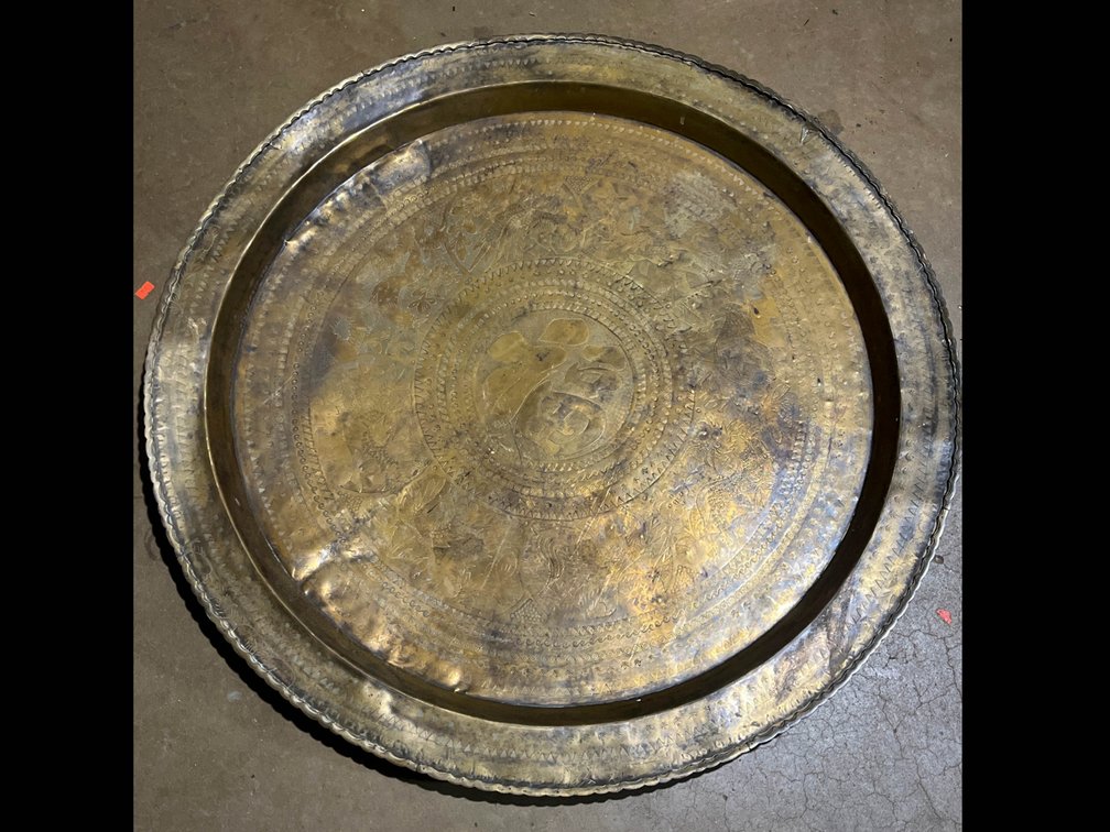 36-Inch Round Etched Brass Tray with Decorative Motif