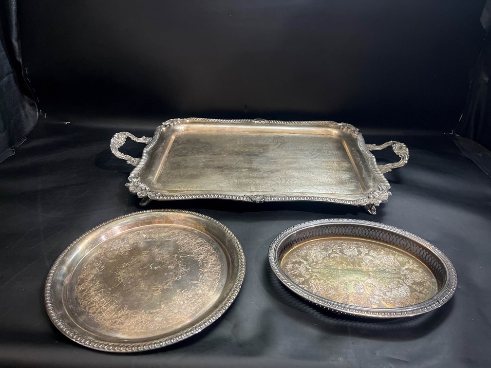 Set of Three Ornate Silver-Plated Serving Trays