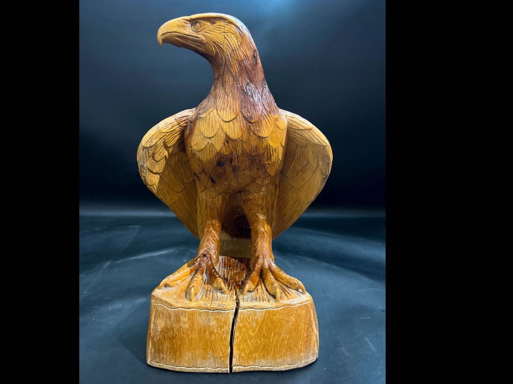 Hand-Carved Wooden Eagle Figurine on Base 12.5” 